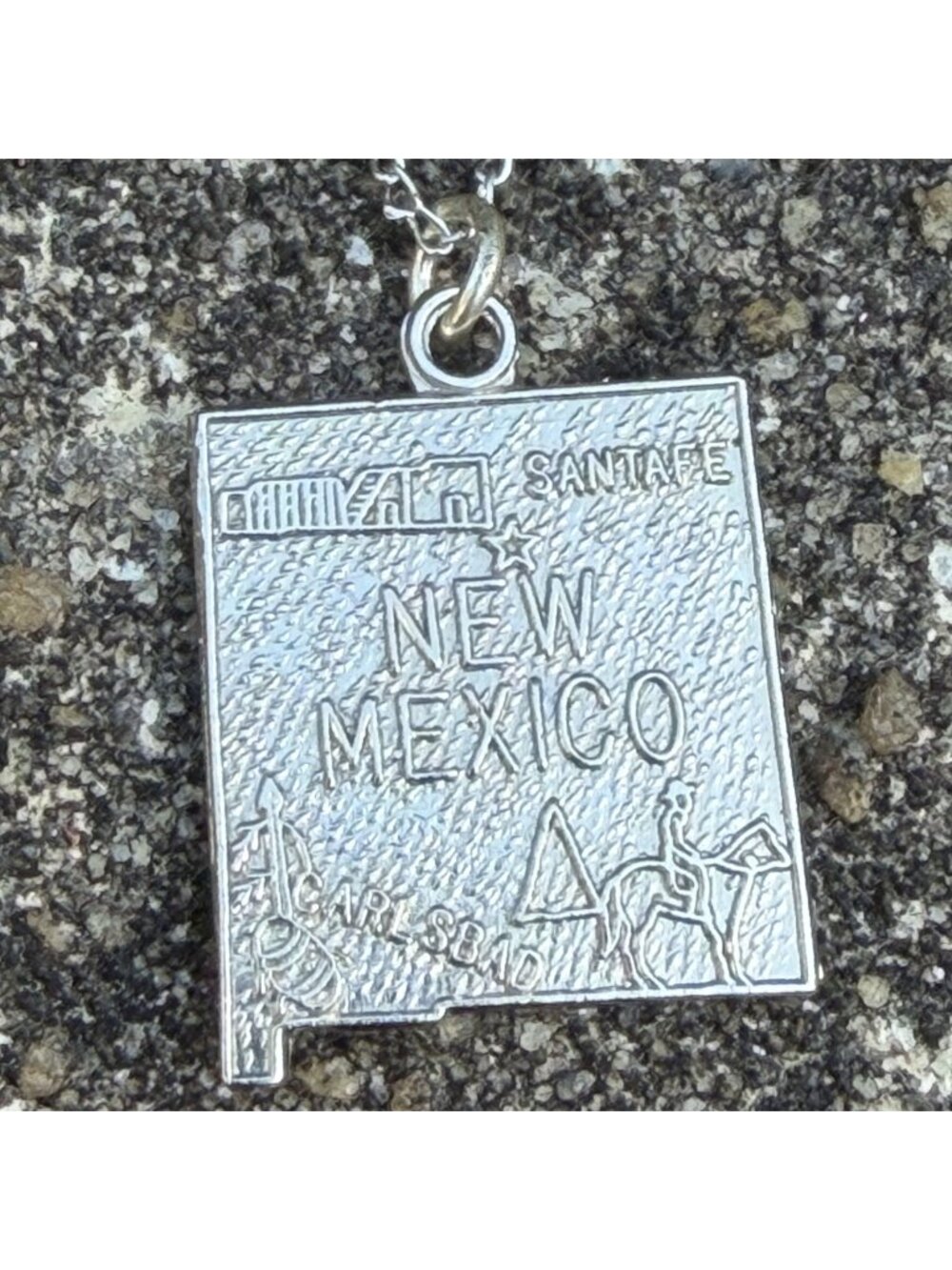 Vintage Sterling New Mexico State Map Pendant Necklace Carlsbad Santa Fe
